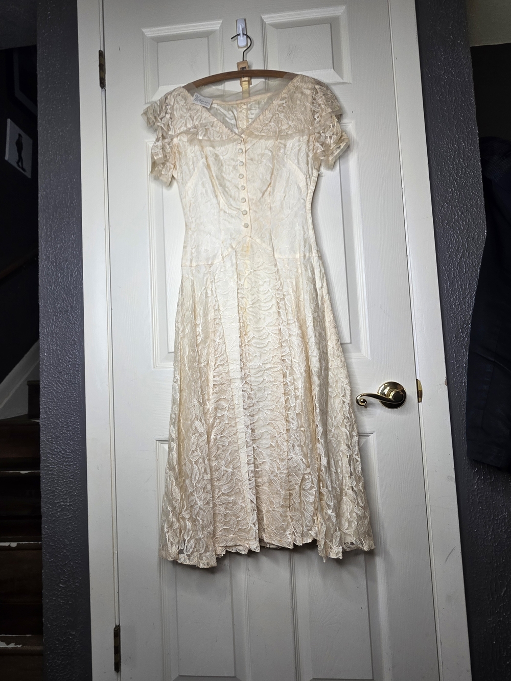 VTG 1950s A Norman Original Cream Lace Midi Dress Sheer Illusion Neckline Small